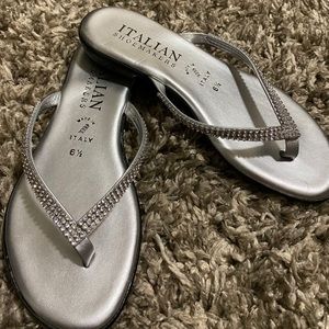 Italian shoemakers metallic rhinestone flip flops